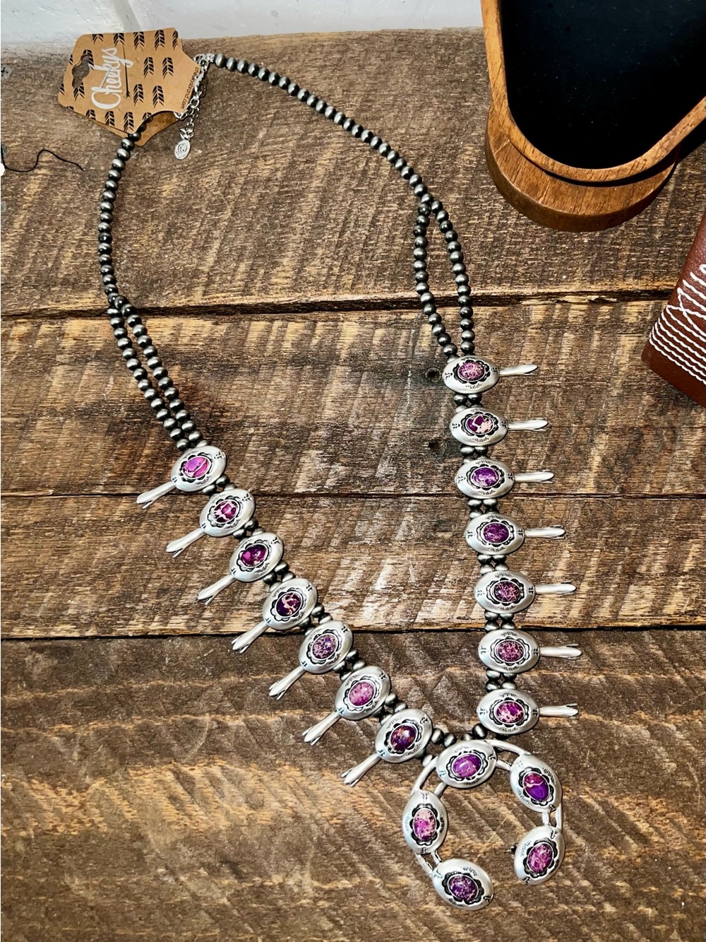 Silver-Tone Squash Blossom Necklace with Purple Stones - Picture 2 of 3